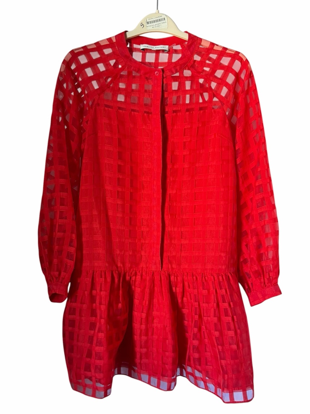English Factory Red Checkered Sheer Balloon Sleeve Drop-Waist Dress Ruffles